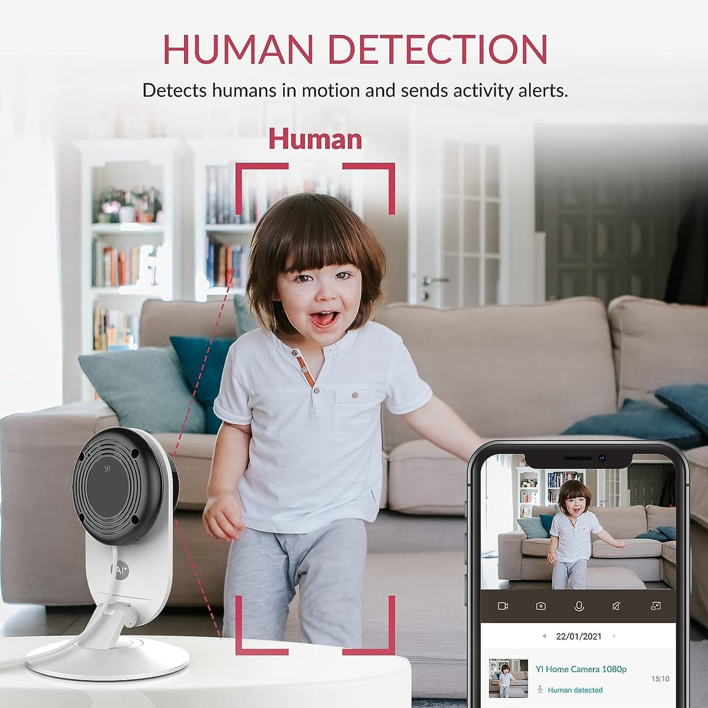 YI Overview Room Innen 1080p WiFi IP-Sicherheitsraum mit Bewegungssteuerung, Nachtsicht, Zweiwege-Audio, Babyphone, Heimkamera mit Fernbedienung, Alarm und App-Steuerung
