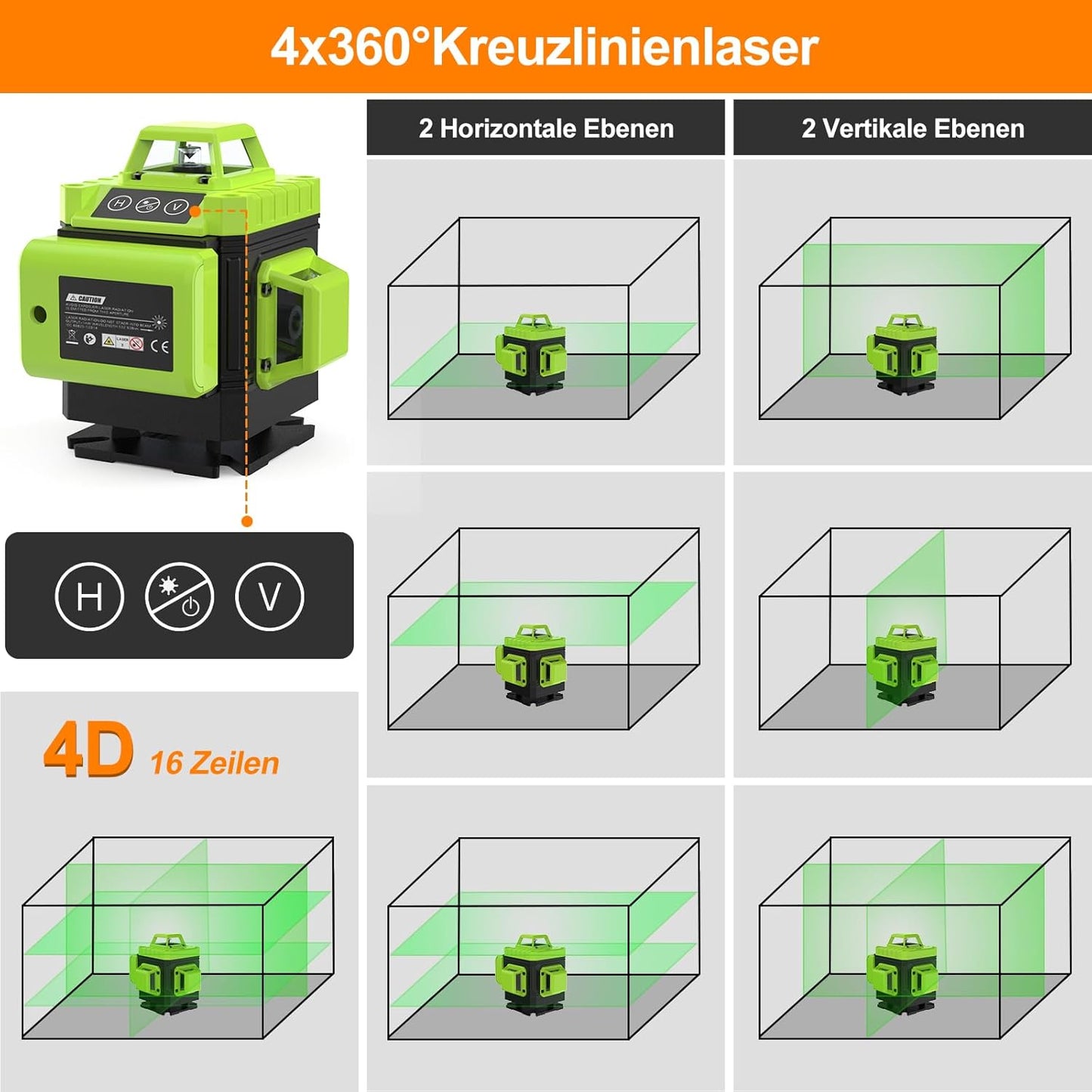 IMAYCC Kreuzlinienlaser Grün Selbstnivellierend Laser Wasserwaage 16 Linien 4Dx360 Grad Linienlaser Kreuzlaser Baulaser Einstellbare Helligkeit für Innenbereich Baustelle, 2 x Batterie