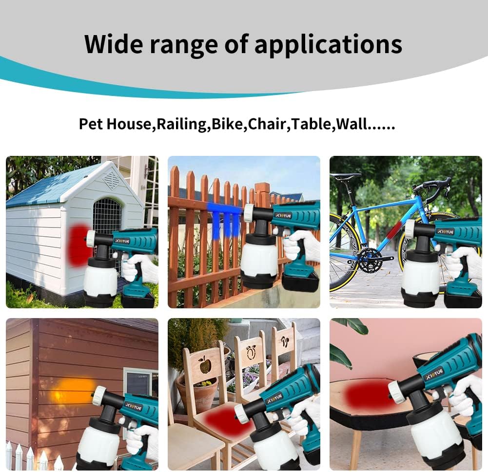 XIOYUE 18 V kabelloses Handfarbsprühgerät für Makita-Akku, leistungsstarke elektrische HVLP-Spritzpistole, 800 ml für den Haus- und Außenbereich, zum Streichen von Autos, Decken, Stühlen, Zäunen und Tierhäusern