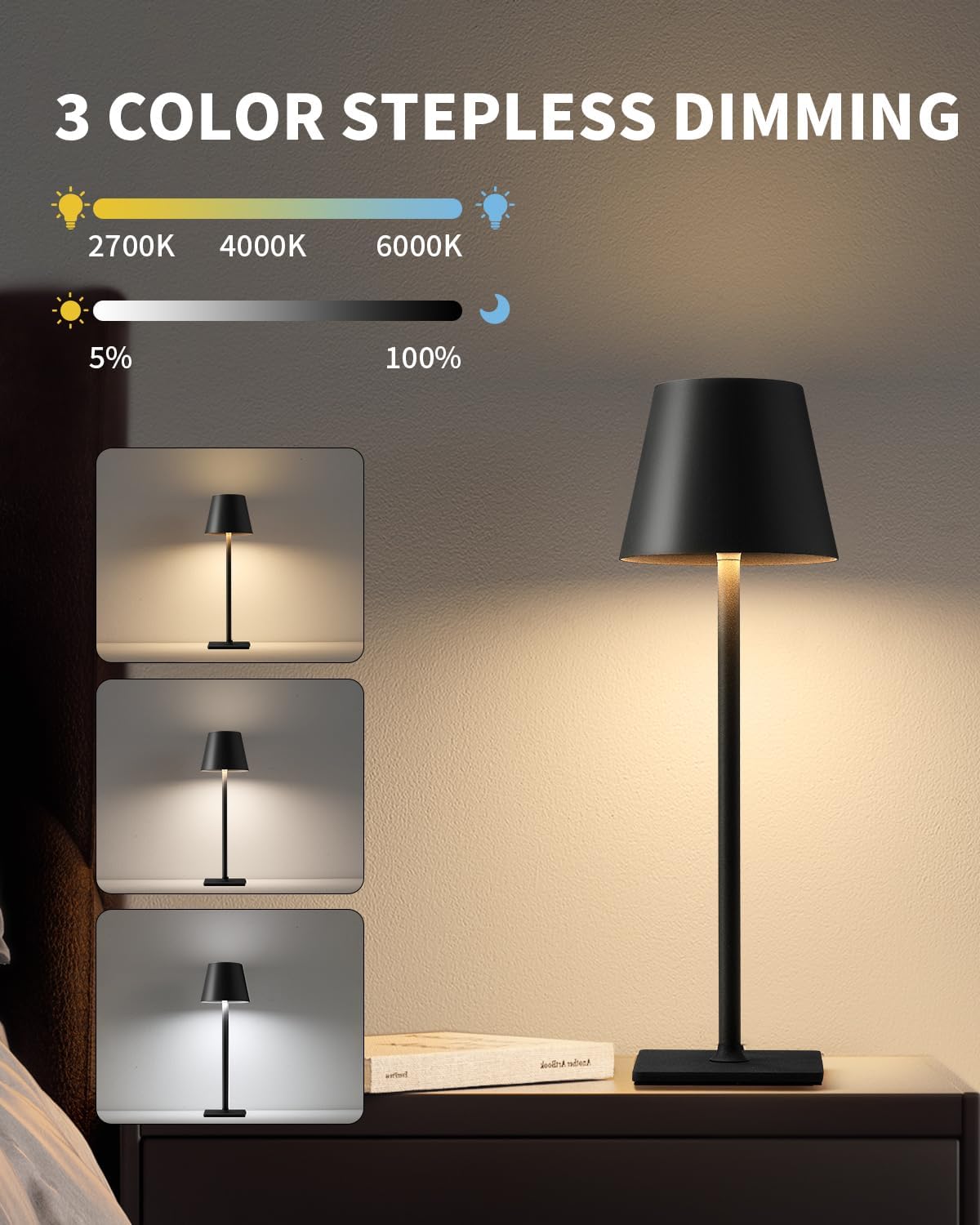Aipsun 2 Stück schnurlose Tischlampe, tragbare LED-Schreibtischlampe, 5000 mAh batteriebetrieben, stufenloses Dimmen, für Restaurant/Schlafzimmer/Bars/Outdoor-Party/Camping/Café-Nachtlicht (schwarz)