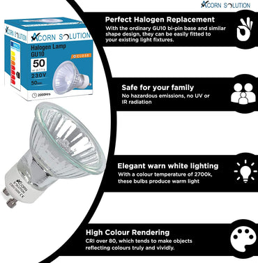 8 X ACORN Solution GU10 Halogenstrahler Glühbirnen 50W 230V 2800K warmweiß 8 stüks