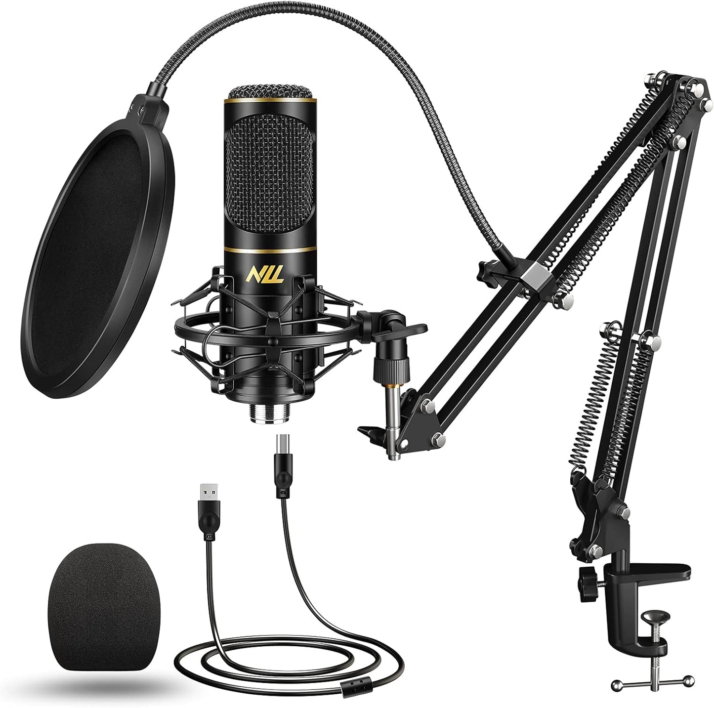 NLL USB-Mikrofon für Computer, PC, Podcast-Mikrofon-Set für Streaming, Studio-Audio, Sound, mit Gaming-Mikrofonständer, stoßdämpfende Halterung, Pop-Filter NC-011