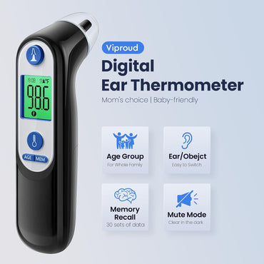 Ohrthermometer für Kinder, Babys und Erwachsene, 1 Sekunde genaues digitales Thermometer, Stummschaltfunktion, 3-farbiger Fieberalarm, 3 Altersgruppen, 30 Speicherabruf mit 20