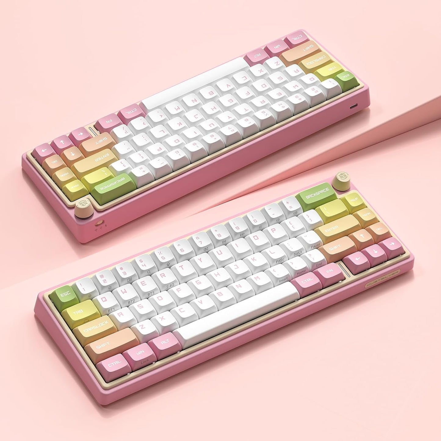 DUSTSILVER D66 Kabellose mechanische Tastatur – 2,4 G/Bluetooth/kabelgebunden, 1000 Hz Abfragegeschwindigkeit, Lautstärketaste, RGB-Hintergrundbeleuchtung, erstklassiges Spielerlebnis, Gateron-Rot-Schalter, Pfirsich-Design