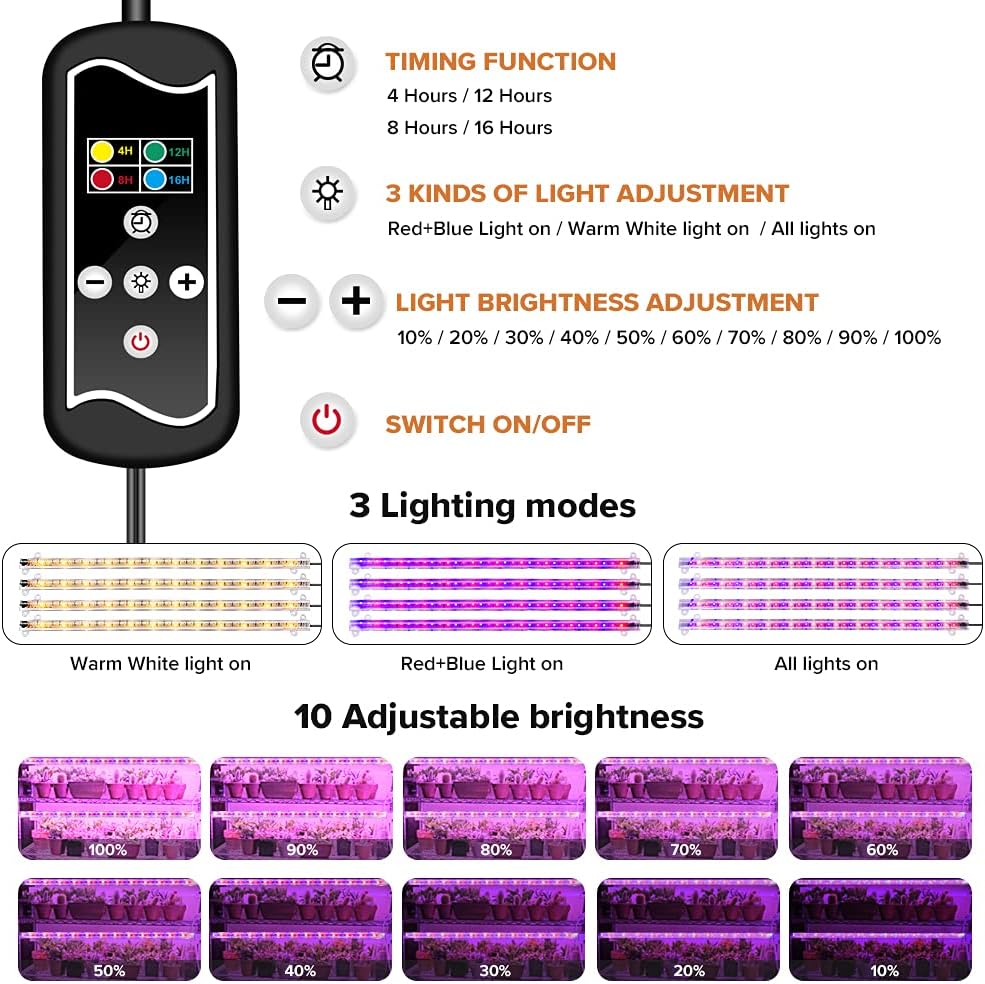 LED Planzen-Wachstums-Lichtstreifen, Vollspektrum für Zimmerpflanzen mit automatischem Ein-/Aus-Timer, 36 W & 3 dimmbare Stufen, Solar-Licht-Wachslampe, für Gartenregale, Hydrokulturen, Sukkulenten, 4 Stück