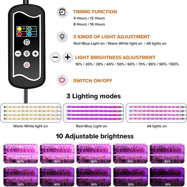 LED Planzen-Wachstums-Lichtstreifen, Vollspektrum für Zimmerpflanzen mit automatischem Ein-/Aus-Timer, 36 W & 3 dimmbare Stufen, Solar-Licht-Wachslampe, für Gartenregale, Hydrokulturen, Sukkulenten, 4 Stück