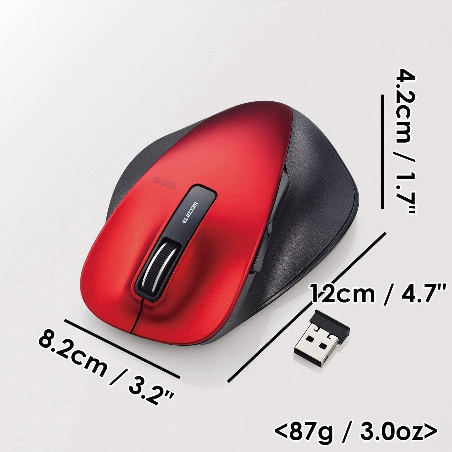 Elecom Dr.EXG 2,4 GHz kabellose Maus -Kiwami- Maus / extrem ergonomisches Design, kleine Größe, blaue LED, große Größe, 5 Tasten / rot / M-XGL10DBSRD