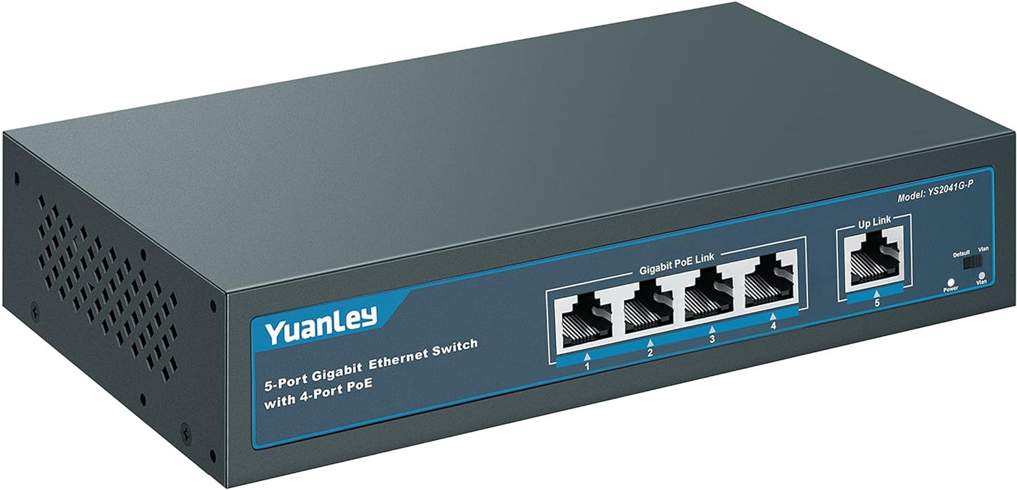 YuanLey 5-Port-Gigabit-PoE-Switch mit 4-Port-PoE, 802.3af/at 78 W integrierte Stromversorgung, lüfterlos, nicht verwaltet, Plug & Play