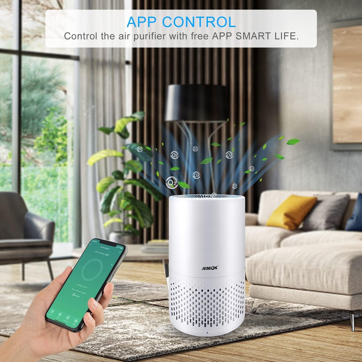 Purificateur d'air intelligent pour le nettoyage et le nettoyage, Aimox avec capteur de qualité de l'air, filtre à air, 3 fonctions, minuterie, veilleuse, CADR 136 m³/h, filtre HEPA, fonctions avec prise en charge APP, Alexa et Google