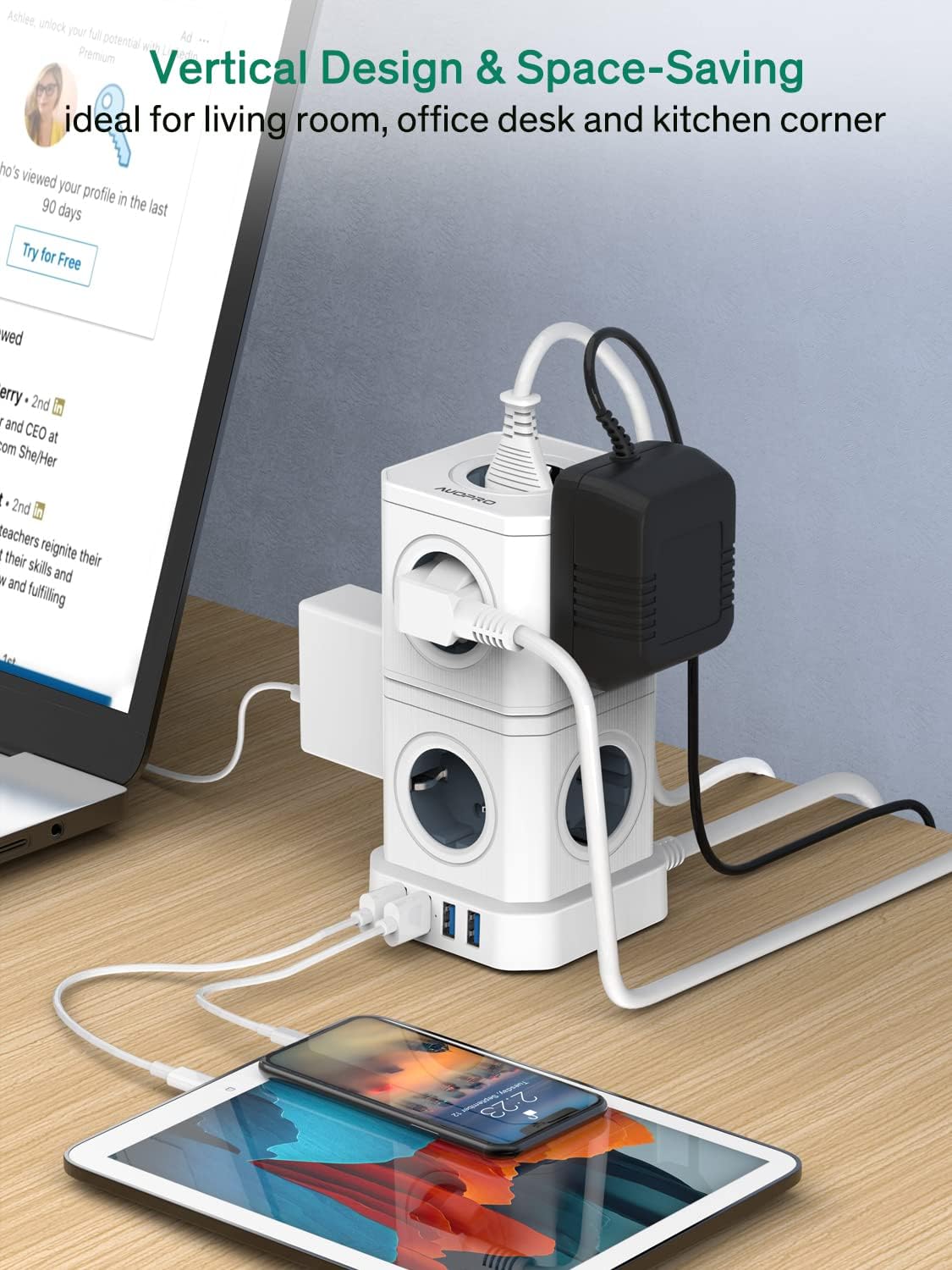 AUOPRO Steckdosenleiste 9 Fach Steckdosenturm Mehrfachsteckdose 4 USB Steckdose