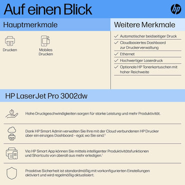 Imprimante laser HP LaserJet Pro 3002dw, Drucker, impression automatique, jusqu'à 33 pages A4 par minute, USB haut débit, WiFi, Ethernet, Bluetooth, application HP Smart, HP Wolf Pro Security, gris, blanc