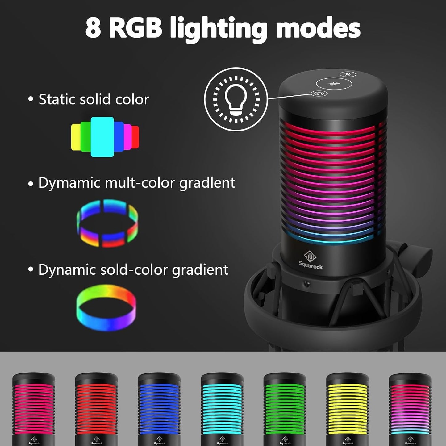 Squarock Gaming-USB-Mikrofon, Kondensatormikrofon mit 8 RGB-Leuchten, Schnellstummschaltung, Rauschunterdrückung, Streaming-Mikrofonmustersteuerung, Verstärkungsregelung, Desktop-Ständer für Podcast-Studioaufnahmen, YouTube