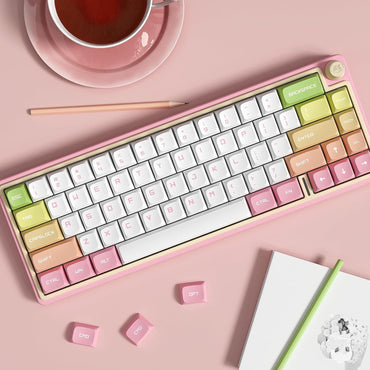 DUSTSILVER D66 Kabellose mechanische Tastatur – 2,4 G/Bluetooth/kabelgebunden, 1000 Hz Abfragegeschwindigkeit, Lautstärketaste, RGB-Hintergrundbeleuchtung, erstklassiges Spielerlebnis, Gateron-Rot-Schalter, Pfirsich-Design