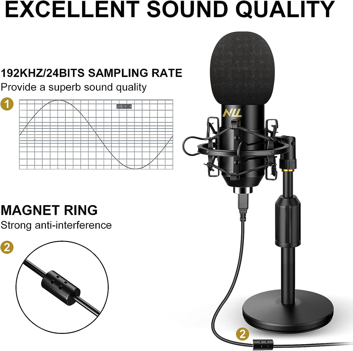 Professionelles USB-Mikrofonset für Studio-Audio, 192 kHz/24 Bit NLL-Kondensator-Computermikrofon, Plug & Play-Desktop-Podcast-Mikrofon, Stoßdämpferhalterung, Popfilter, NC-012