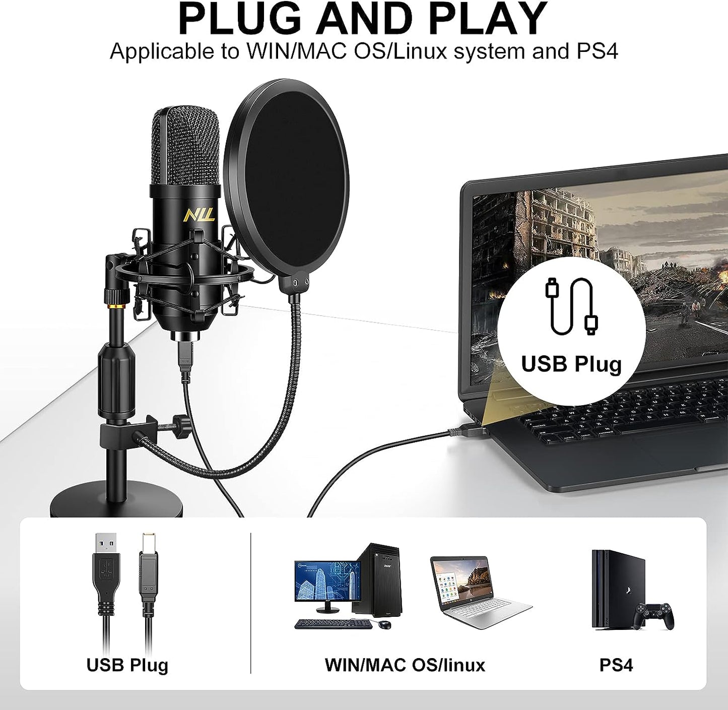 Professionelles USB-Mikrofonset für Studio-Audio, 192 kHz/24 Bit NLL-Kondensator-Computermikrofon, Plug & Play-Desktop-Podcast-Mikrofon, Stoßdämpferhalterung, Popfilter, NC-012