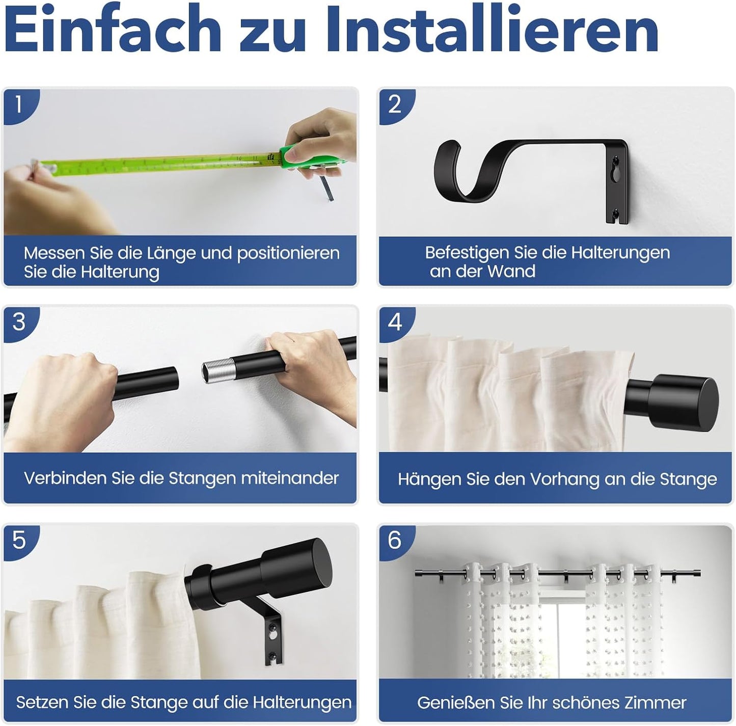Gardinenstange Schwarz 76-228 cm Vorhangstange Ausziehbar 19 mm Durchmesser für Schlafzimmer, Wohnzimmer oder Küche von GEEBOBO