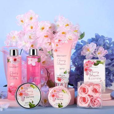 Geschenkkorb für Frauen, Spa-Geschenkkörbe, Körper und Erde, 8-teiliges Damen-Bad-Set mit Kirschblüte und Jasminduft, Schaumbad, Duschgel, Körper- und Handlotion, Badesalz, Geschenkset für Frauen, Valentinstagsgeschenke