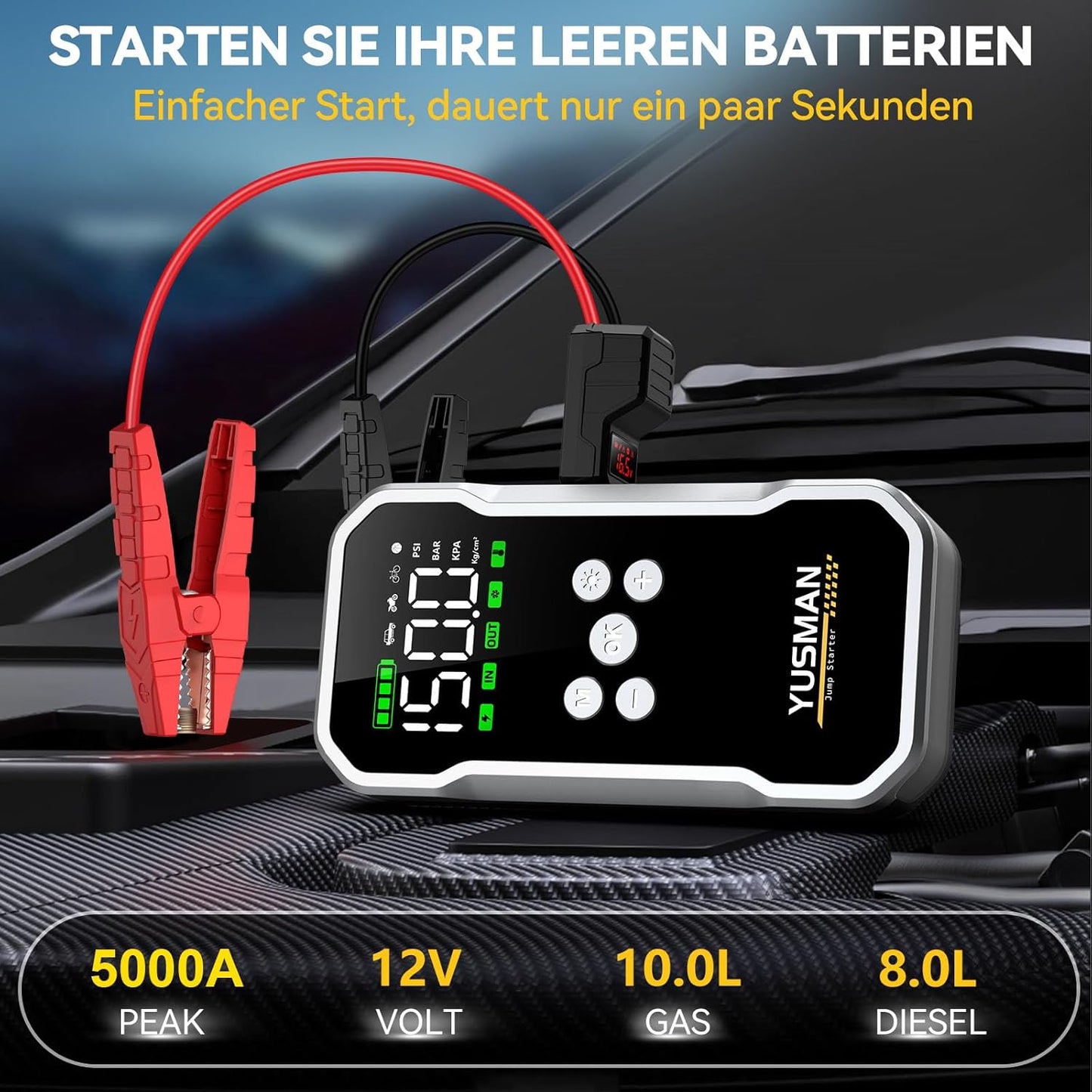 YUSMAN Auto Starthilfe Powerbank mit Kompressor, 5000A 150PSI Car Starthilfe Powerbank für pkw(Bis zu 10L Benzin/7L Diesel), 15800mAh 4-in-1 powerbank starthilfe mit 2 LED-Licht, Schnellladung,LCD