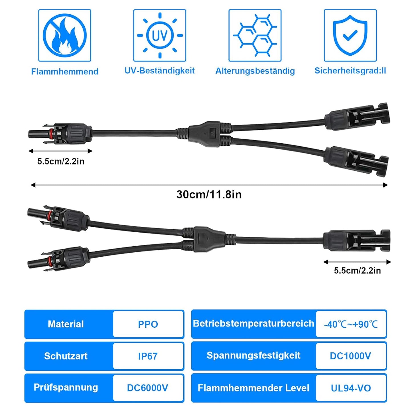 Cihisrent 2 Paar Solarkabel Y-Splitter männlich weiblich Y-Stecker Solar IP67 wasserdicht Solarstecker Y-Stecker Photovoltaikkabel Solarpanel-Kabel MMF + FFM für parallele Photovoltaik-Verbindung