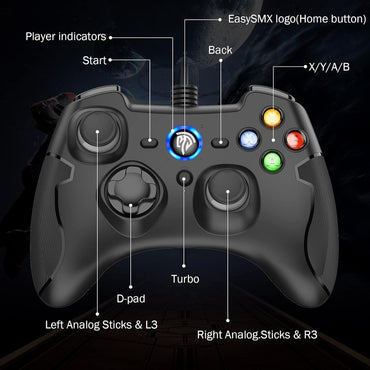 2 X in pack Controller EasySMX PC Controller, Controller Joystick für Spiele mit Kabel mit Dual-Vibration, Turbo und Fronttasten für Windows/ PS3 / Android TV Box