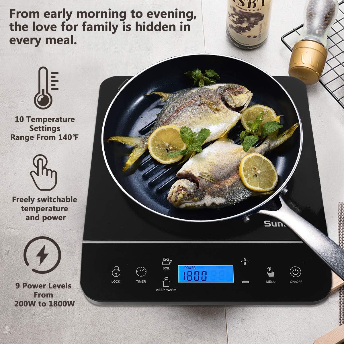 Tragbares Induktionskochfeld, Sunmaki 2000W Induktionsherd mit LCD-Sensor Touch, 10 Leistungsstufen und 10 Temperatureinstellungen, Touch-Bedienelemente, 4-Stunden-Timer, Schwarz