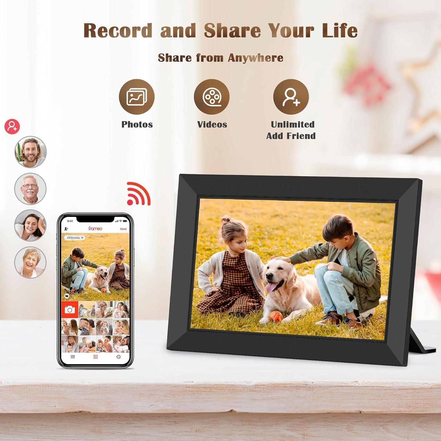 WONNIE Frameo WLAN Digitaler Bilderrahmen 10,1 Zoll, HD 1280 * 800 IPS Touchscreen Elektronischer FotoRahmen mit 32GB Speicher, Auto Drehung, Einfache Weitergabe von Fotos Videos über Frameo App
