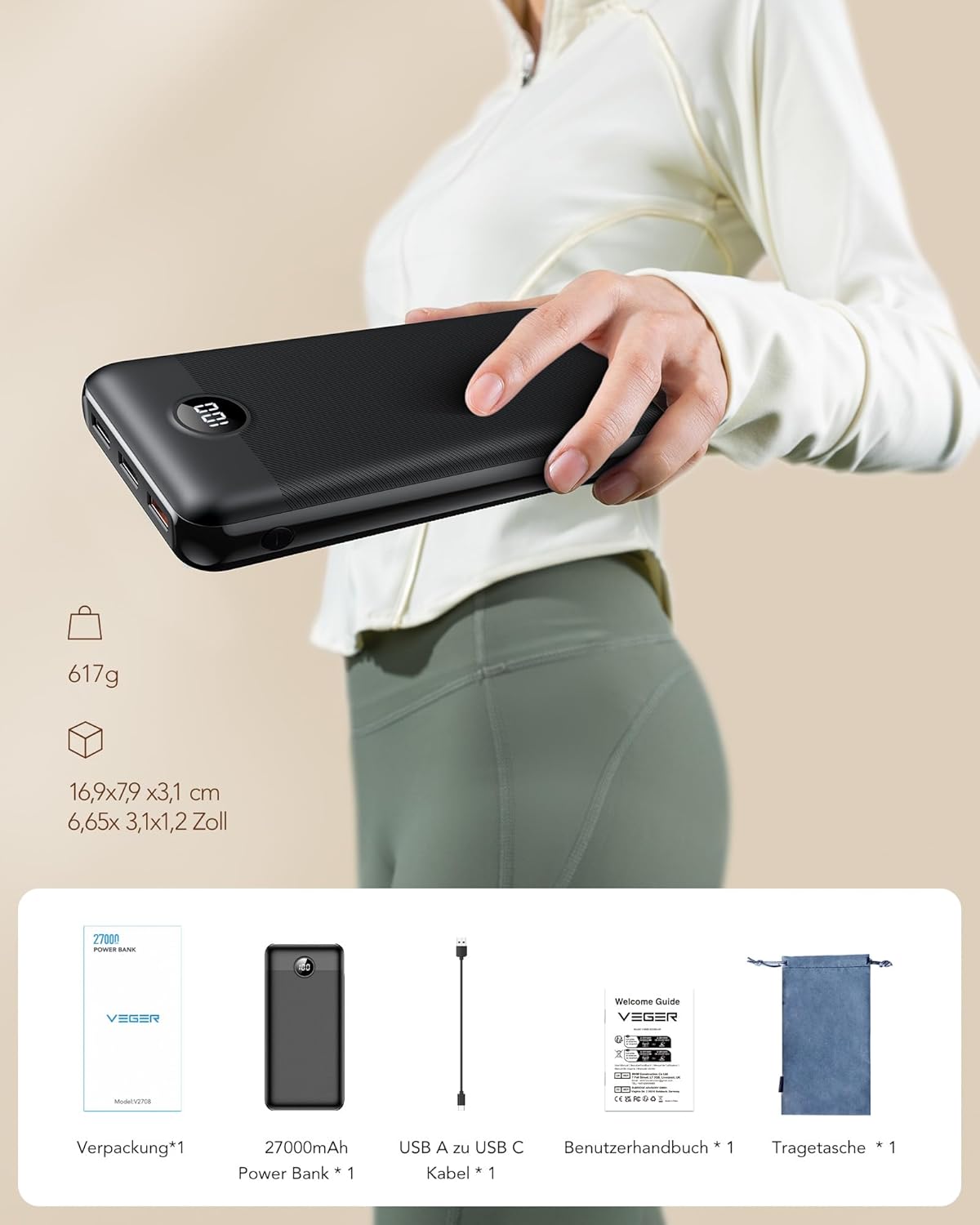 VEGER Power Bank 27000mAh 20W PD, Powerbank USB C Externer Handyakkus mit 4 Ausgängen und 2 Eingängen LED Tragbares Ladegerät,Kompatibel mit iPhone Samsung Huawei Tablet usw