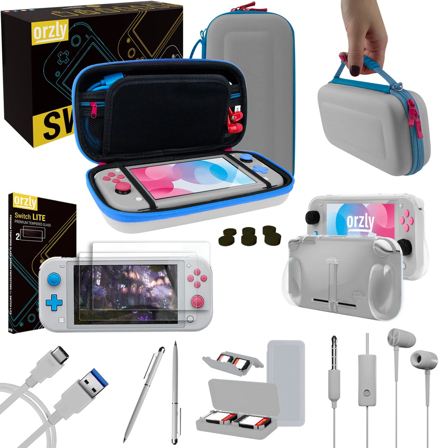 Orzly Switch Lite Case Set - Schutzhülle und Displayschutzfolie für Nintendo Switch Lite Konsole, USB-Kabel, Spielzeughalter, Griffhülle, Kopfhörerhalter, Daumengriff und mehr (Geschenkverpackung – Z&Z Edition)