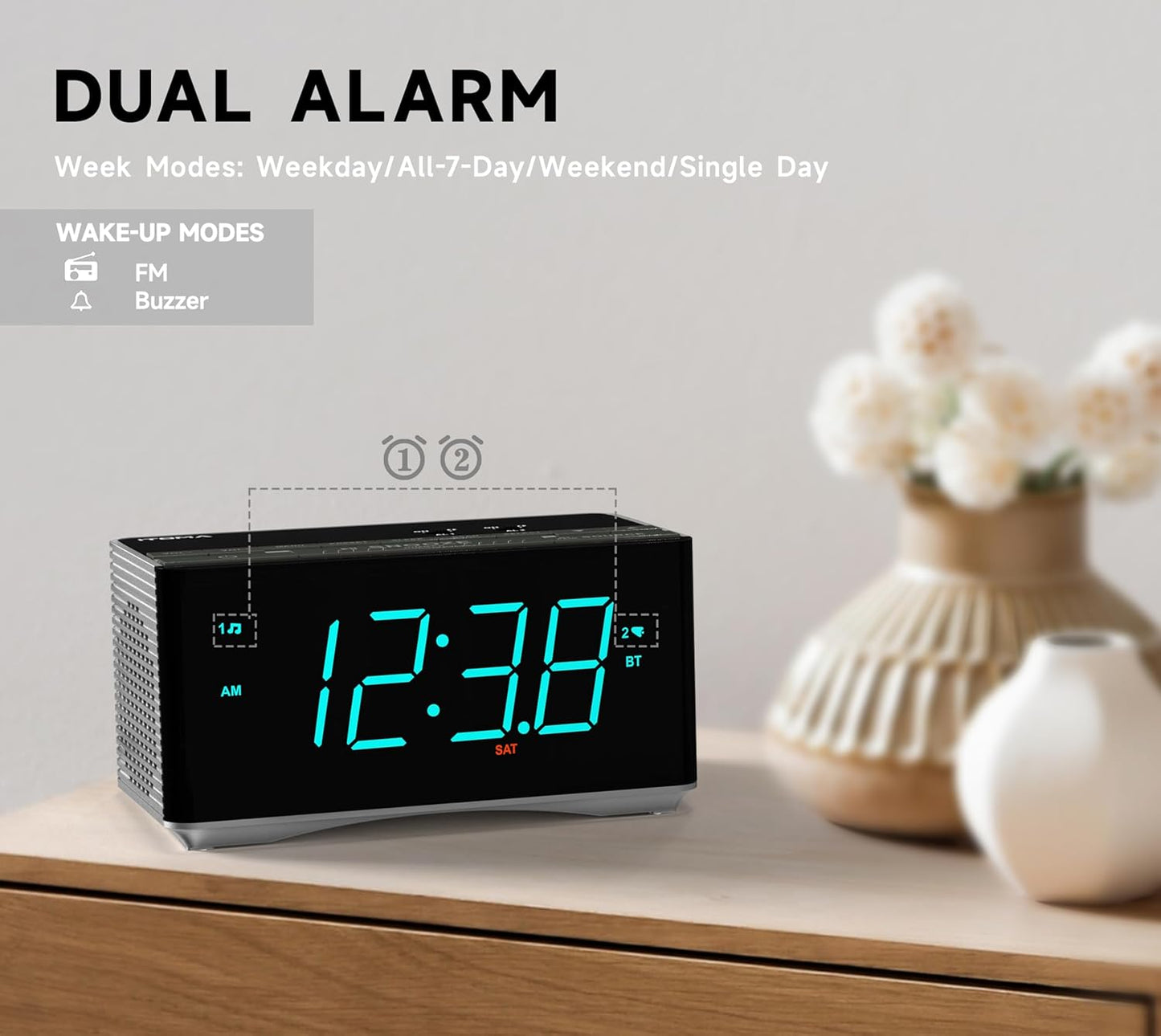 iTOMA Radiowecker,Bluetooth Stereo Lautsprecher, FM Radio, Dual Wecker, Snooze, Helligkeitsdimmer, USB-Aufladung, Wecker für Schlafzimmer Büro 3501