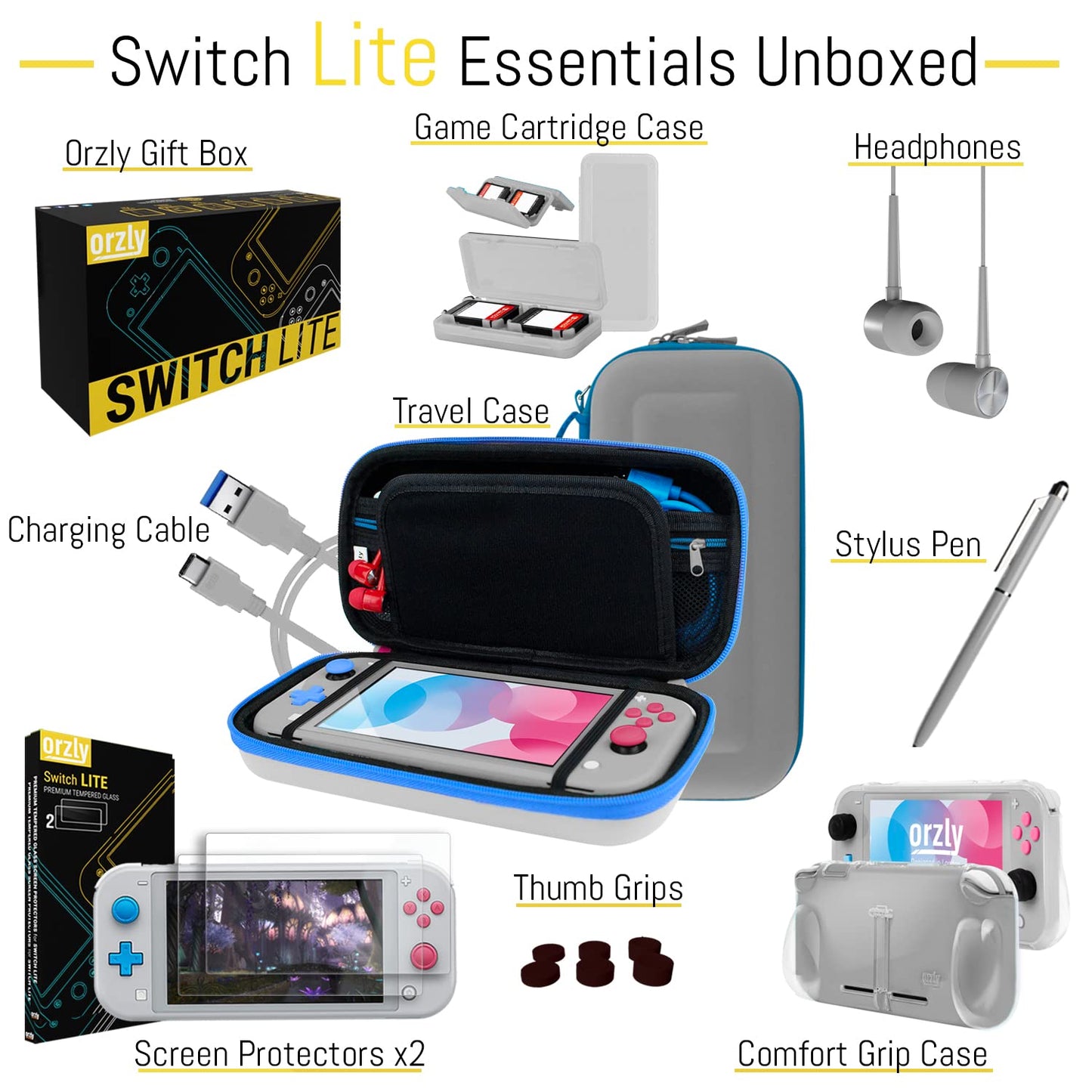 Orzly Switch Lite Case Set - Schutzhülle und Displayschutzfolie für Nintendo Switch Lite Konsole, USB-Kabel, Spielzeughalter, Griffhülle, Kopfhörerhalter, Daumengriff und mehr (Geschenkverpackung – Z&Z Edition)