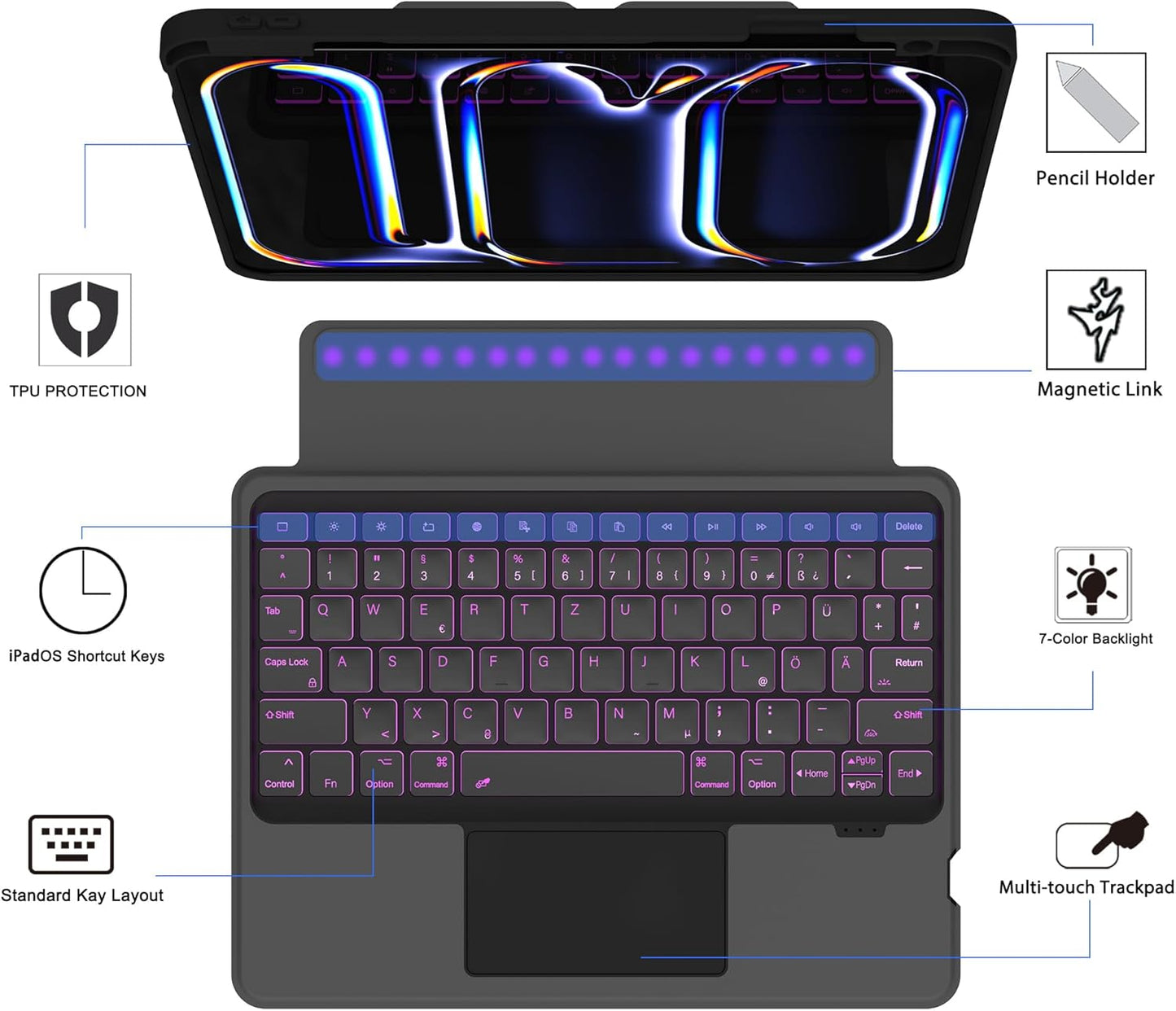 Tastatur Hülle für iPad Pro 11 Zoll (M4) 2024 - Abnehmbare Magnetisch 7 Farbige Beleuchtung Touchpad Tablet Cover mit Stifthalter - Beleuchtete Deutsches QWERTZ Layout Tastatur für iPad 11" M4 Schwarz