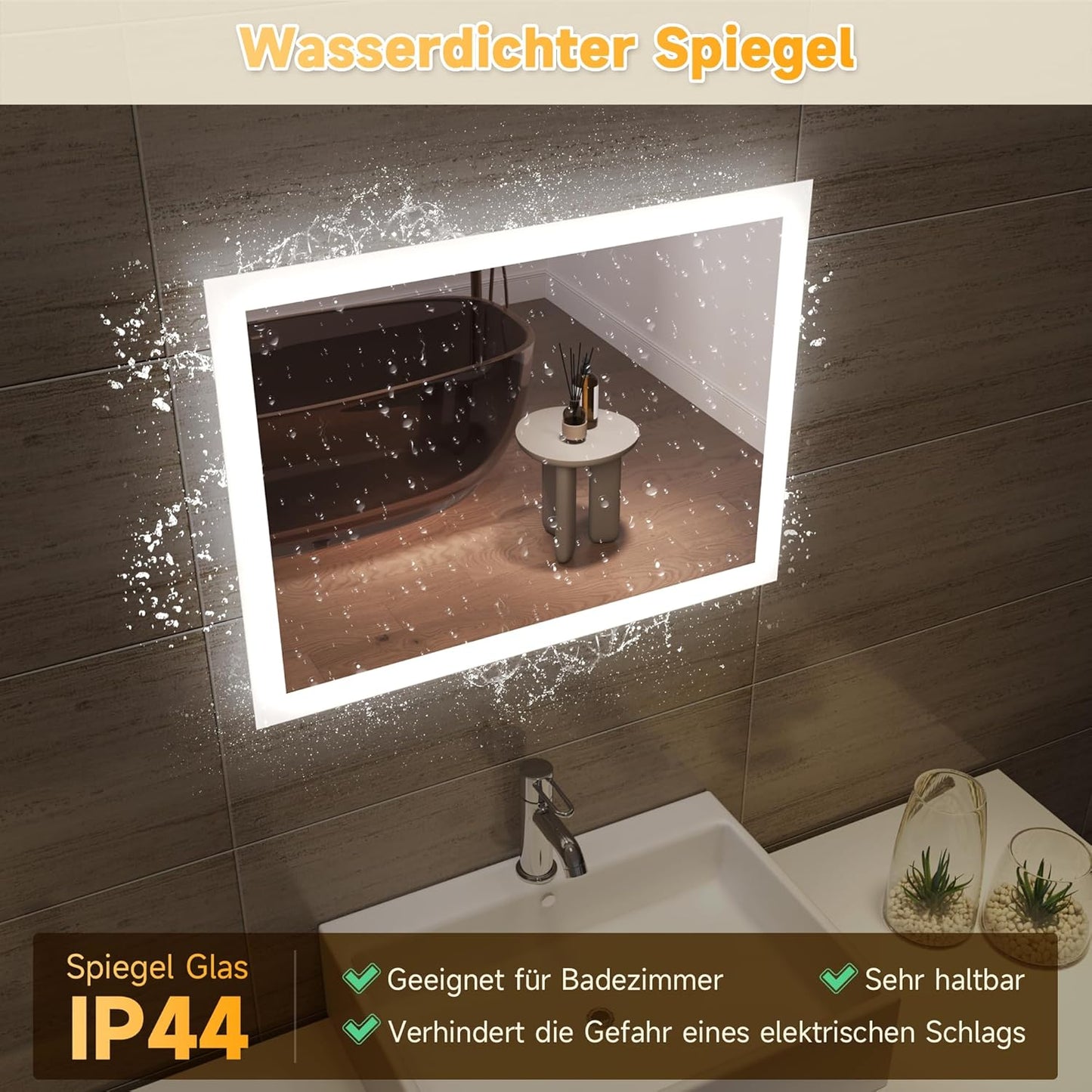 SONNI LED Badspiegel mit Standfuß 60x50cm, Badspiegel mit Standfuß Weiß, LED Badspiegel für Badewanne, Vertikale und Horizontale Montage, IP44 Wasserdicht