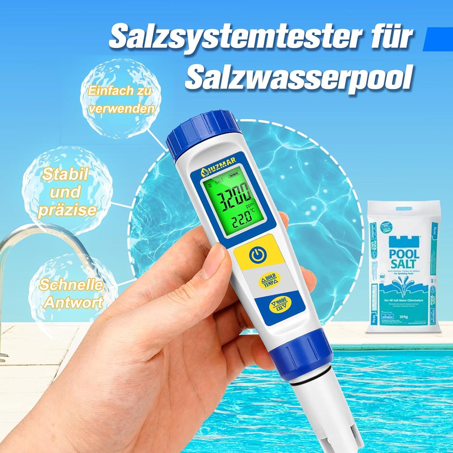UIUZMAR Digitales pH und Chlor Messgerät, Pool Wassertester für Whirlpool, pH und Salzgehalt Messgerat für Schwimmbäder, 7 in 1 pH Salz Chlor ORP EC TDS Temperatur Tester für Hydrokultur Aquarien