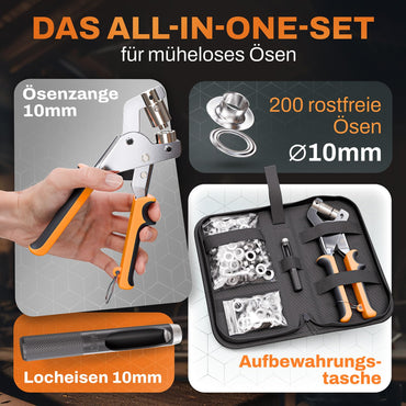 CRAFTUS® Profi Ösenzange Set mit 200 rostfreien Ösen (Ø 10mm) I Magnetische Ösenpresse aus gehärtetem Stahl für Stoffe & Planen I Ösenstanze für Planenösen & Metallösen
