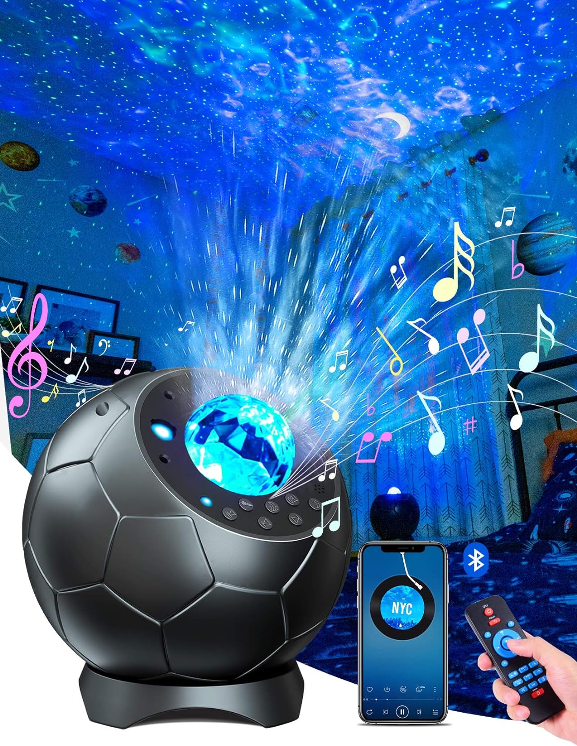 Lupantte Sternenhimmel Projektor, 360° Drehung Wellen Sternenprojektor, LED Sternenhimmel Projektor Mit Musik-Player/Fernbedienung/Timer, Sternenhimmel Geeignet für Dekoration, Geschenke, Nachtlicht