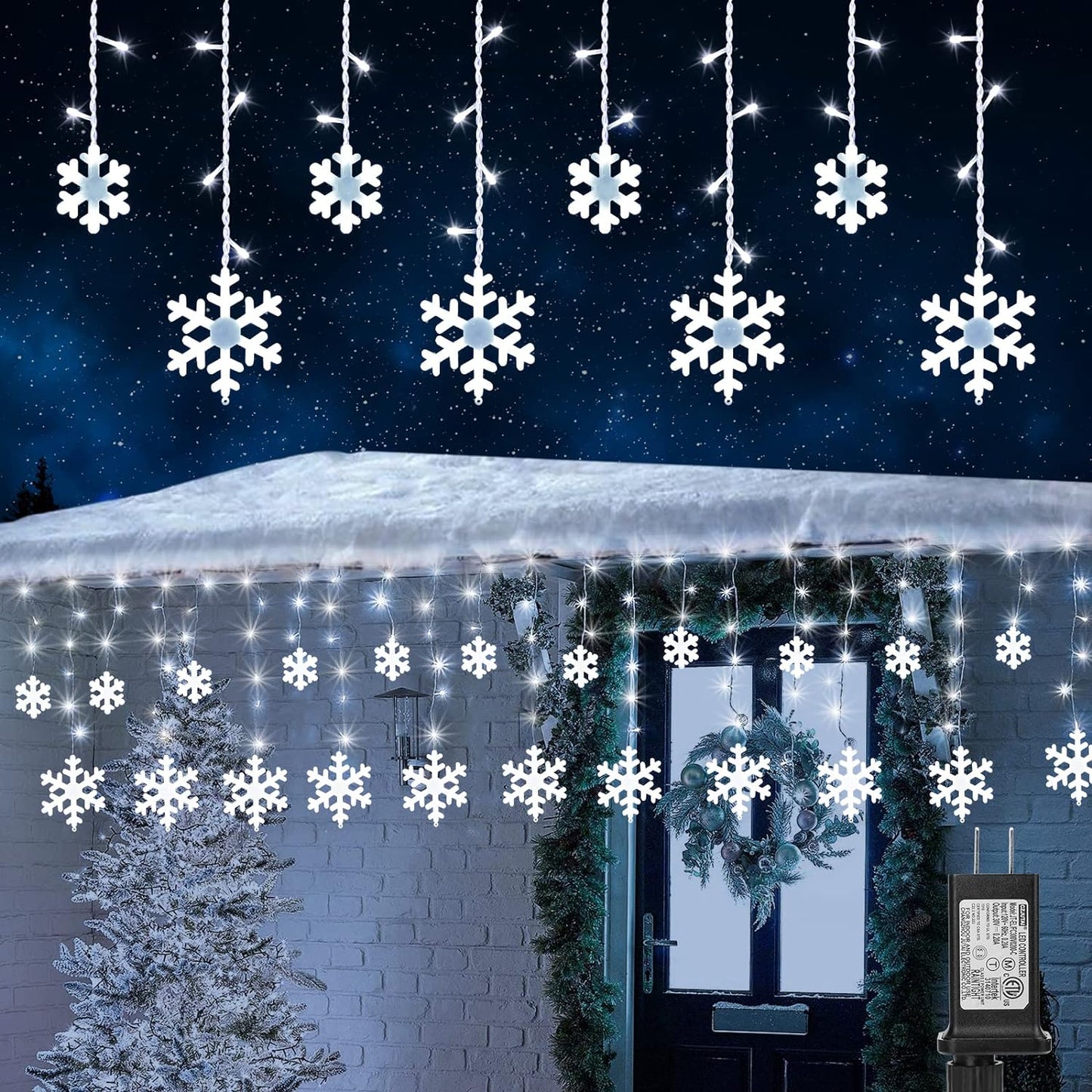 Weihnachts-Schneeflocken-Lichter, 10,66 Fuß, 168 LED-Eiszapfen-Lichter für den Außenbereich mit 14 Tropfen, 8 Modi, wasserdicht, anschließbar, Weihnachtslicht für Dachvorsprünge, Hochzeit, Garten, Hof, Innen- und Außenbereich (weiß)