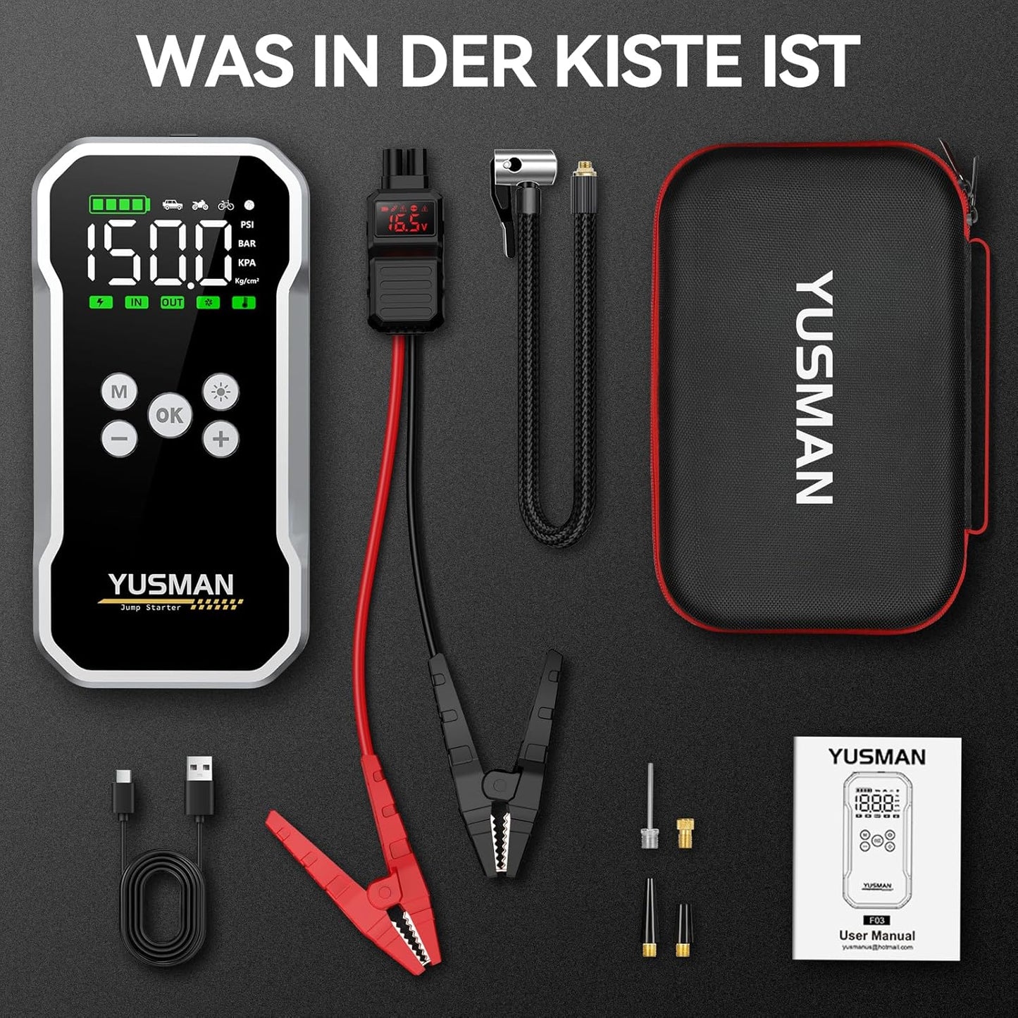 YUSMAN Auto Starthilfe Powerbank mit Kompressor, 5000A 150PSI Car Starthilfe Powerbank für pkw(Bis zu 10L Benzin/7L Diesel), 15800mAh 4-in-1 powerbank starthilfe mit 2 LED-Licht, Schnellladung,LCD