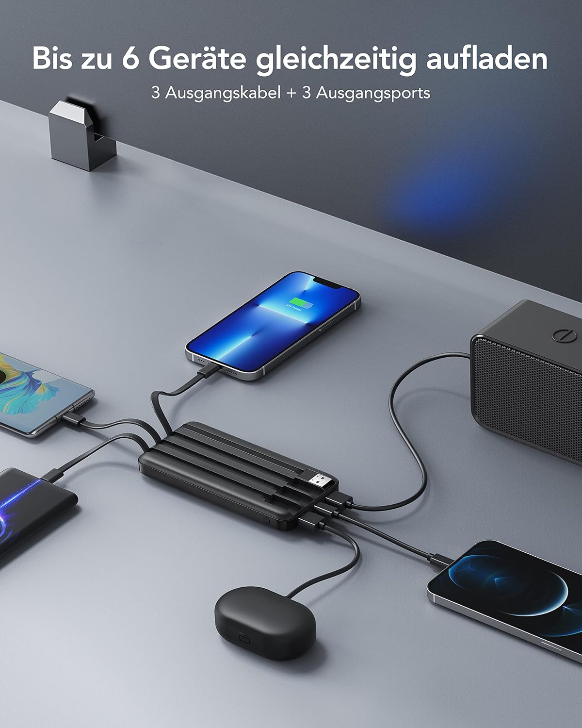Charmast Power Bank, Slim 10000mAh Powerbank mit Kabel USB C und LED-Display, 6 Ausgängen Klein Aber Stark Externe Handyakkus Kompatibel mit iPhone 16 15 14 13 12 11 Pro Max Plus Huawei Samsung Tablet