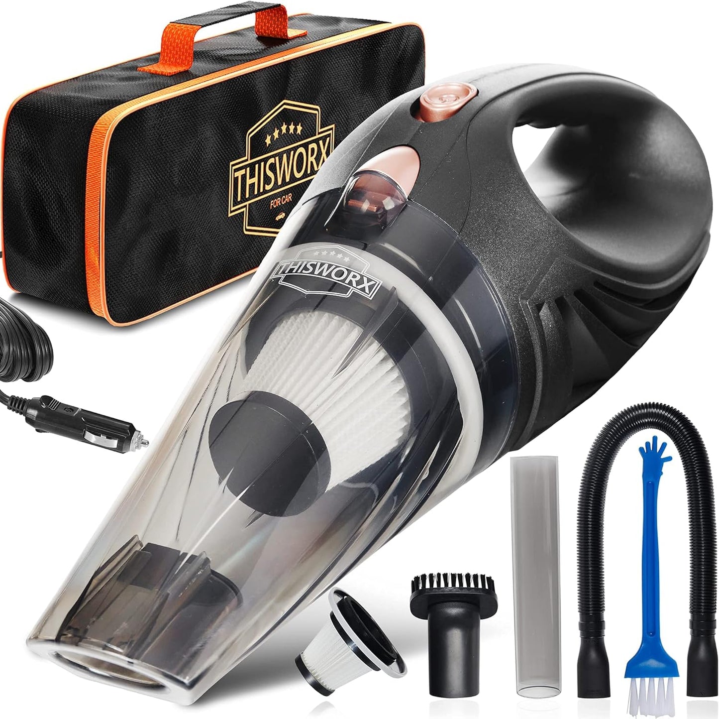 ThisWorx Auto-Staubsauger , Autozubehör, 106W -12 V,Nass- und Trocken, Hochleistungs-Handstaubsauger mit Aufsätzen, 4,8 m Kabel und Tasche