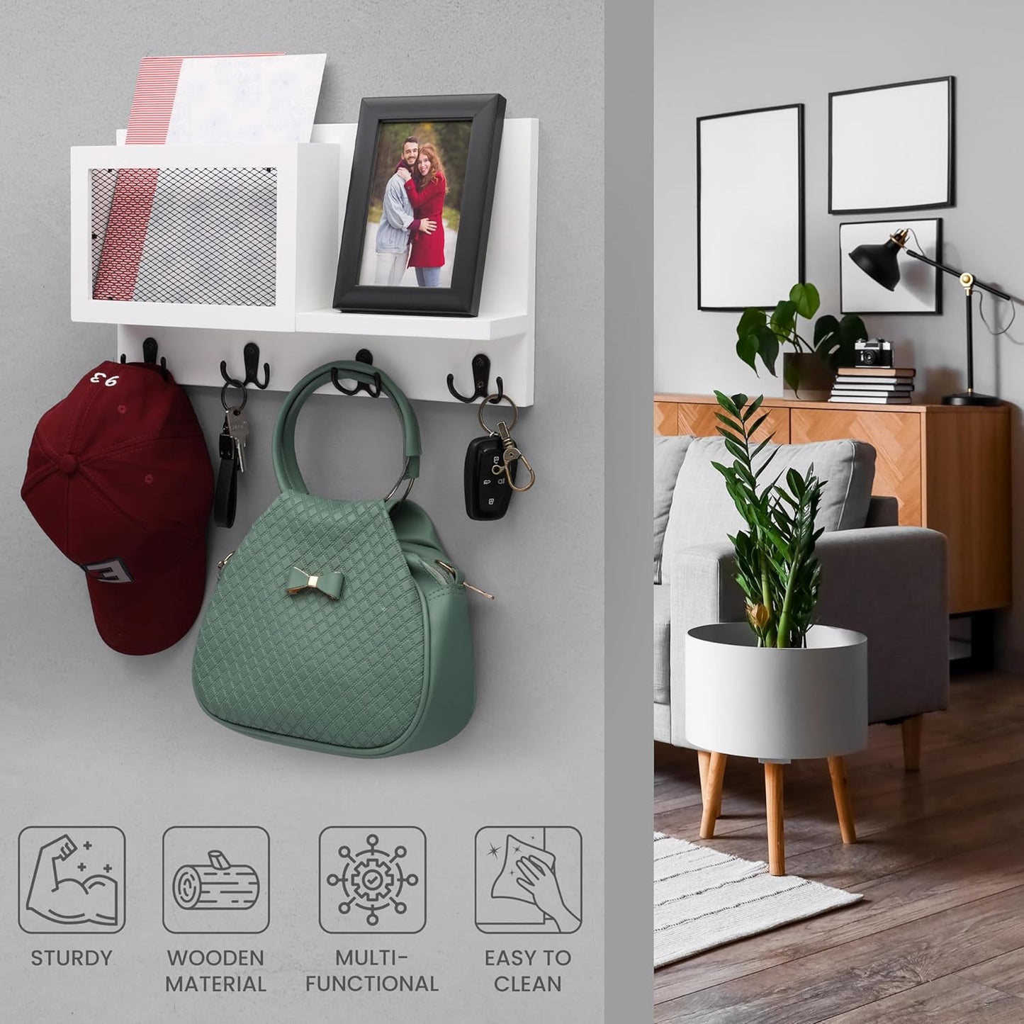 BELLE VOUS Wandmontiertes Weißes Schlüsselbrett mit Ablage und 8 Haken - Dekorative Briefablage & Schlüsselbrett Holz - Rustikale Schlüssel Aufbewahrung für Zuhause, Eingangsbereich, Flur & Vorraum