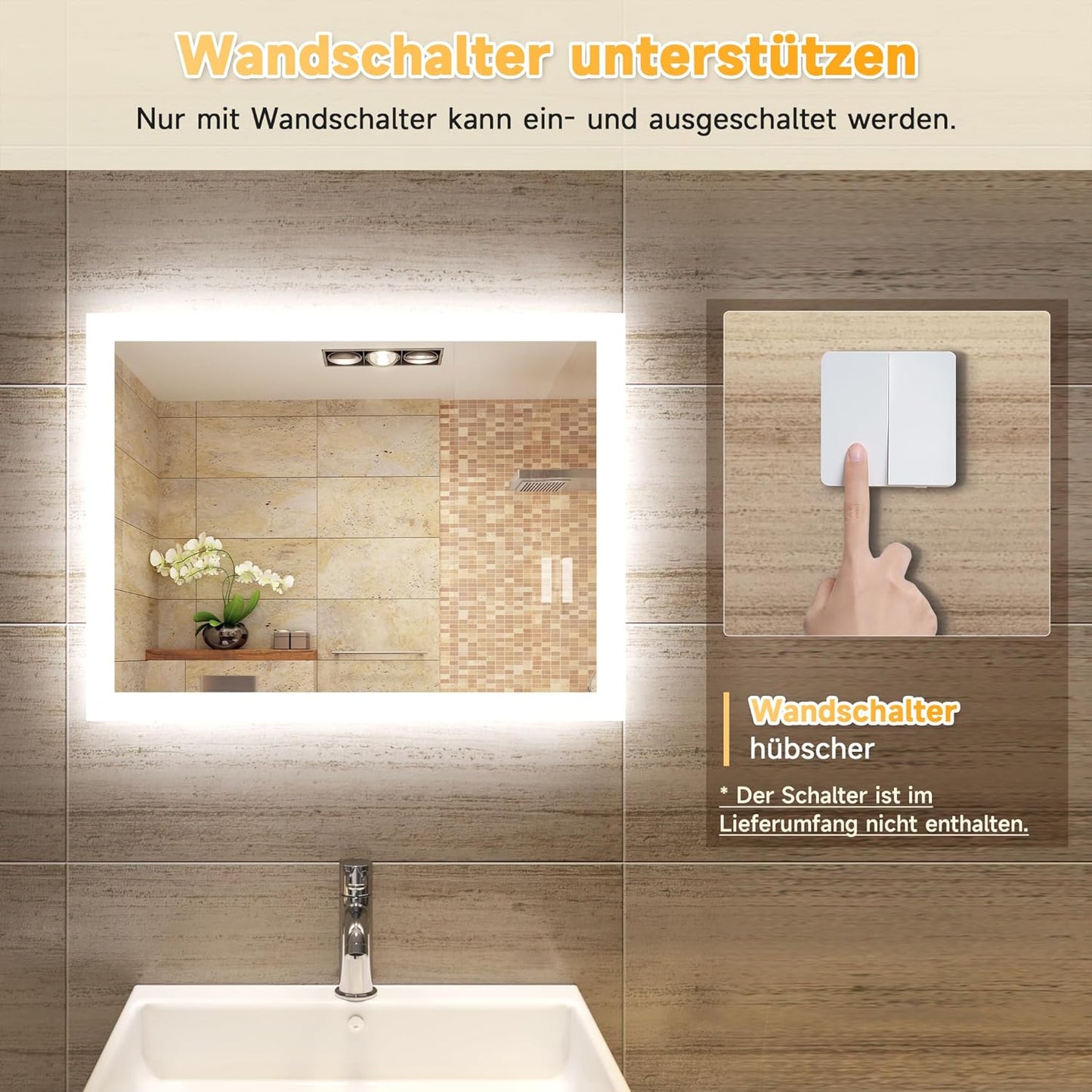 SONNI LED Badspiegel mit Standfuß 60x50cm, Badspiegel mit Standfuß Weiß, LED Badspiegel für Badewanne, Vertikale und Horizontale Montage, IP44 Wasserdicht