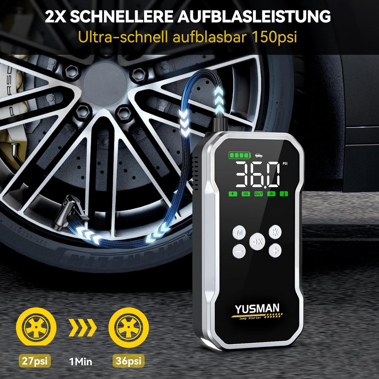 YUSMAN Auto Starthilfe Powerbank mit Kompressor, 5000A 150PSI Car Starthilfe Powerbank für pkw(Bis zu 10L Benzin/7L Diesel), 15800mAh 4-in-1 powerbank starthilfe mit 2 LED-Licht, Schnellladung,LCD