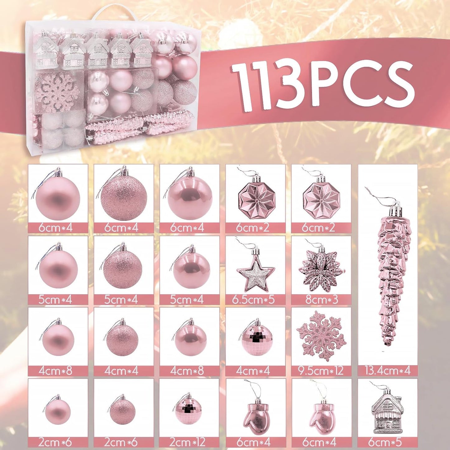 113 Weihnachtskugeln Christbaumschmuck Aufhänger Christbaumkugeln für den Weihnachtsbaum Weihnachtsbaumschmuck Weihnachtsbaumkugeln, Kunststoff, (Pink)