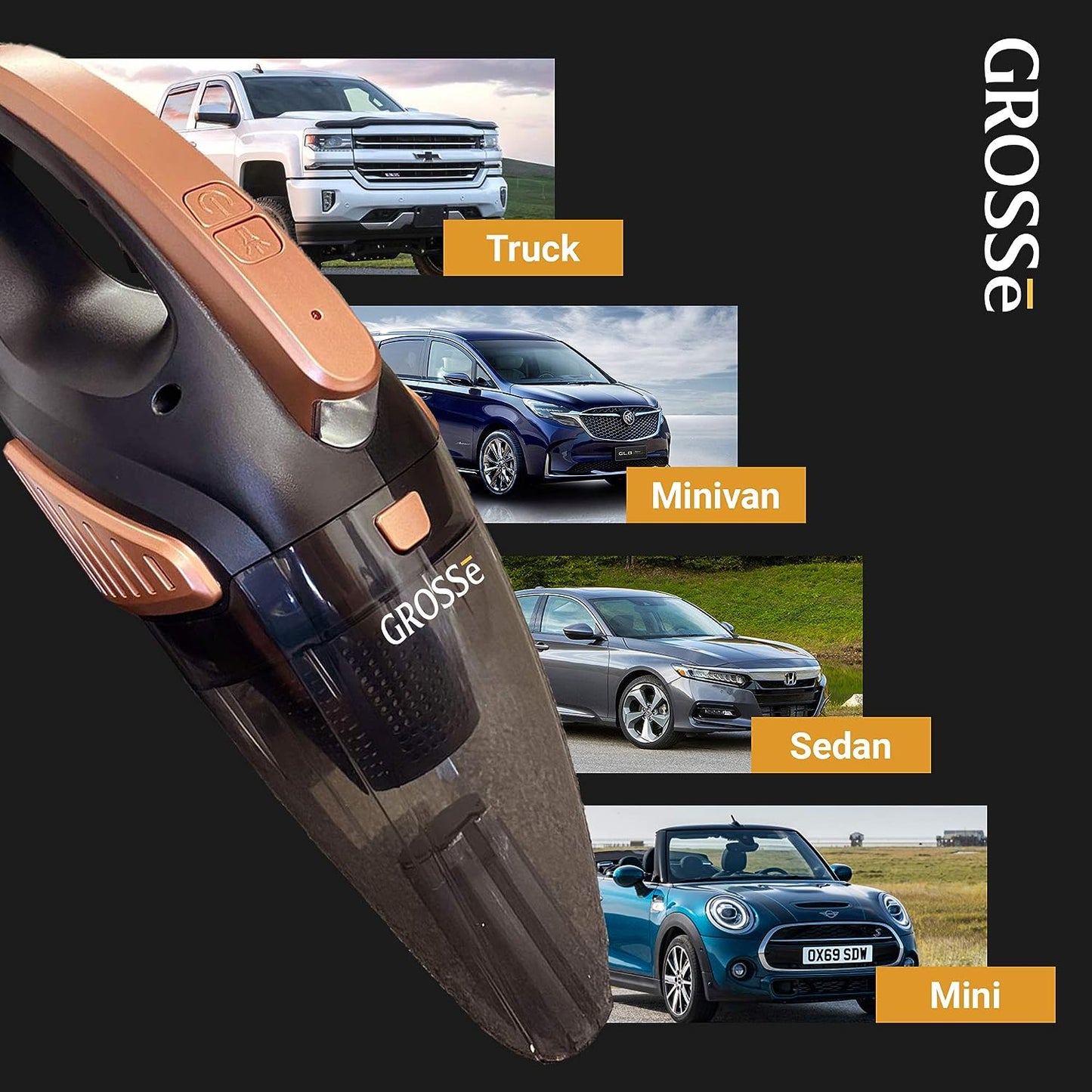 GROSSē 12 V DC Hand-Auto-Staubsauger für trockenes, nasses Auto, 150 W, 6000 PA, leistungsstark, tragbar, Schwarz, Weiß
