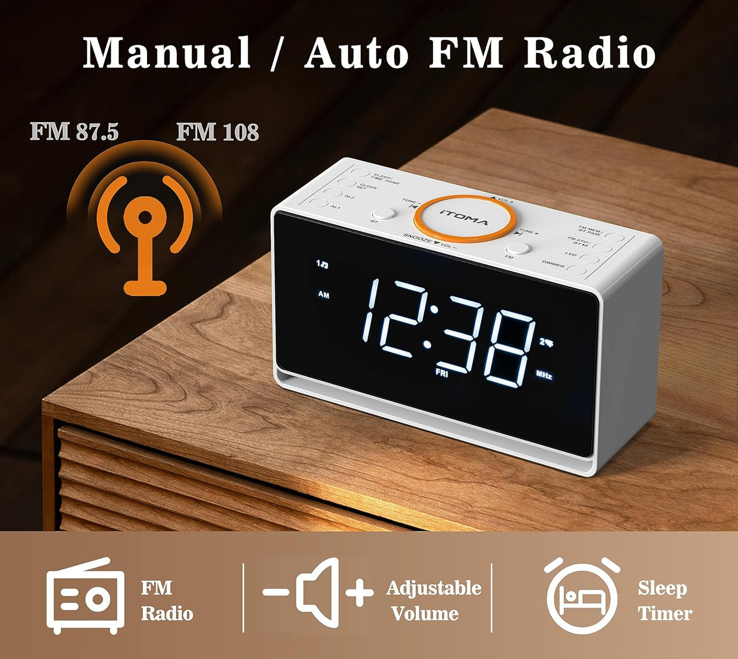 iTOMA CKS718 Wecker, 1,4 Zoll weißes LED-Display mit Bluetooth, FM-Radio, Doppelalarm, Sleep-Timer, Schlummerfunktion, automatischem und manuellem Dimmer, USB-Ladegerät und Nachtlicht CKS718