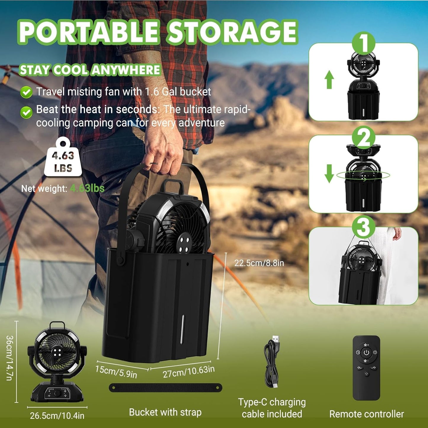 Tragbarer Nebelventilator für Außenterrasse, 20.000 mAh, wiederaufladbar, batteriebetrieben, Camping-Nebelventilator mit 4,5 l Wassereimer, starker Wind, kühlender Nebel für Outdoor-Sport/Reisen/Party
