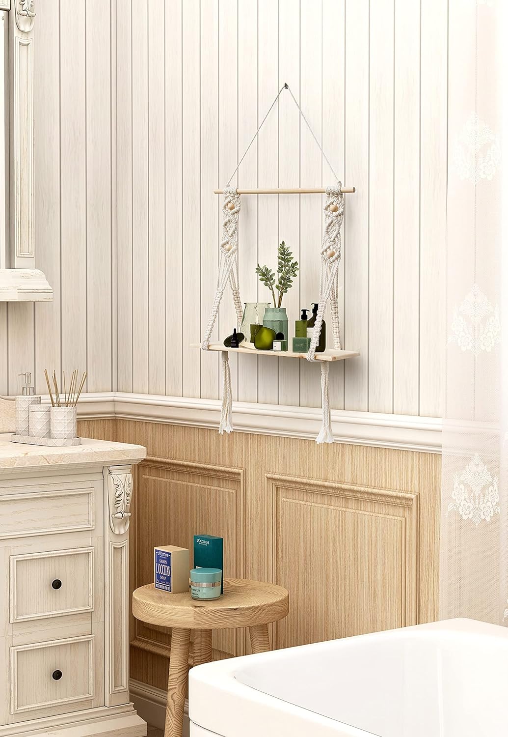 Afuly Makramee-Wandregal, handgefertigt, Wandregal, 1 Etage, niedliches Boho-Dekor für Badezimmer und Schlafzimmer