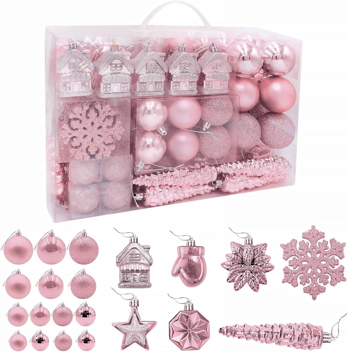113 Weihnachtskugeln Christbaumschmuck Aufhänger Christbaumkugeln für den Weihnachtsbaum Weihnachtsbaumschmuck Weihnachtsbaumkugeln, Kunststoff, (Pink)