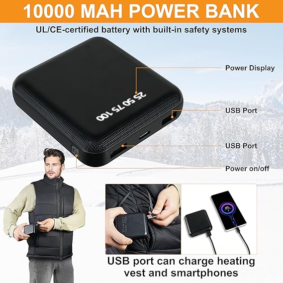 Oilkas Beheizte Weste für Damen und Herren – 10000 mAh Akku Beheizte Jacke mit 5 Heizzonen, waschbare warme Weste für Winter, Motorrad, Jagd