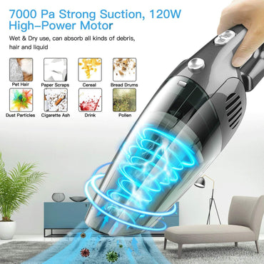 Enibon Handstaubsauger kabellos, 7000 PA 120 W Auto-Staubsauger, leistungsstarke Saugkraft, 2600 mAh wiederaufladbarer Mini-Staubsauger, waschbarer HEPA-Filter, Nass-/Trockensauger für Zuhause, Büro, Auto, Haustier